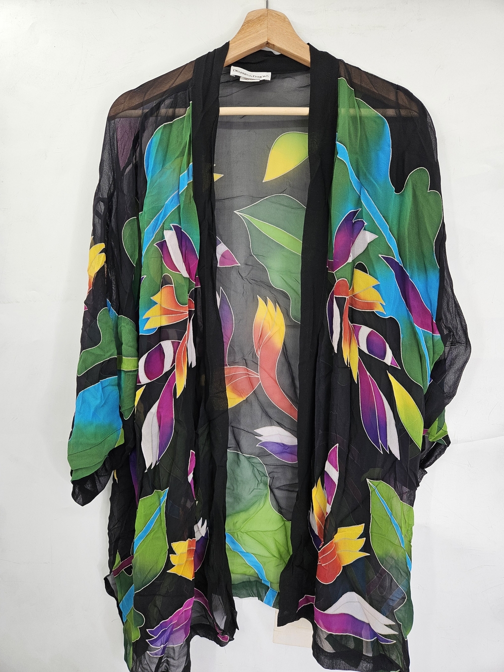 Black Sheer Floral Silk Swim Cover-Up Kimono with Multicolor Leaves